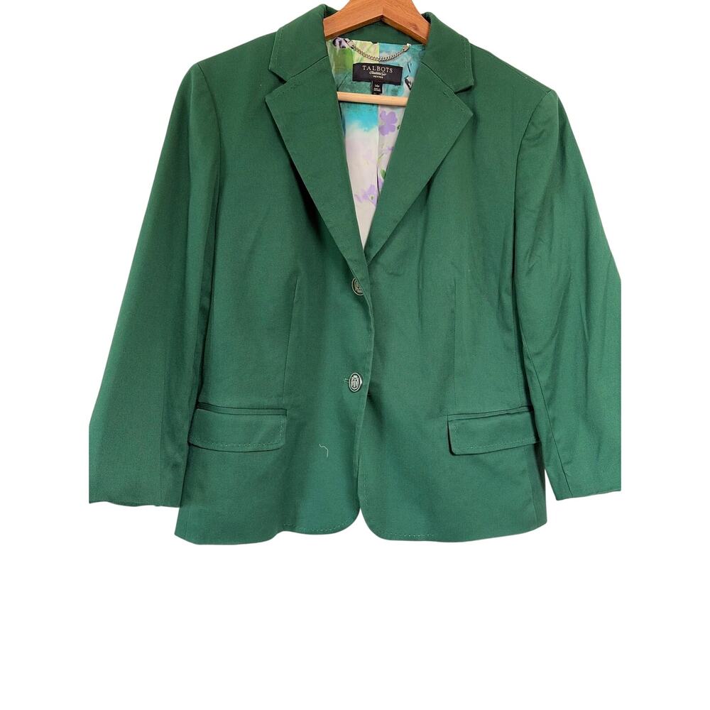 Talbots Petites Kelly Green Blazer Floral Lining Two Button Cotton Stretch 14P